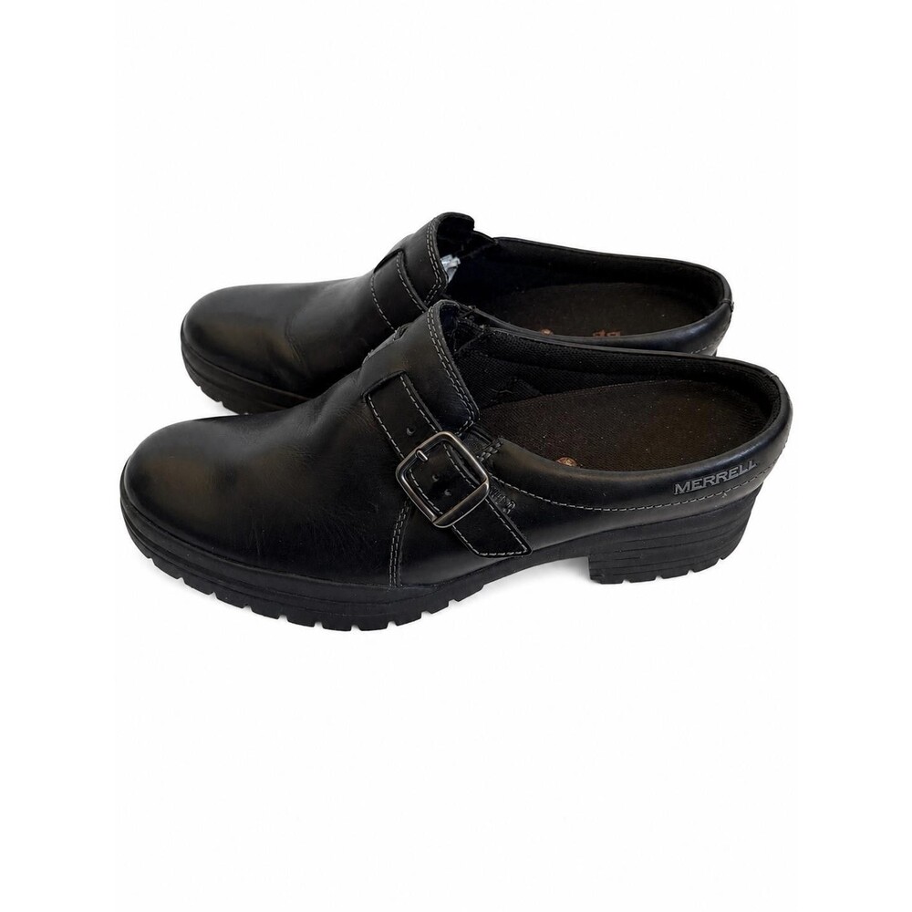 Merrell Womens Black Leather Buckle Clog Mule Slip On Shoe Size 9.5